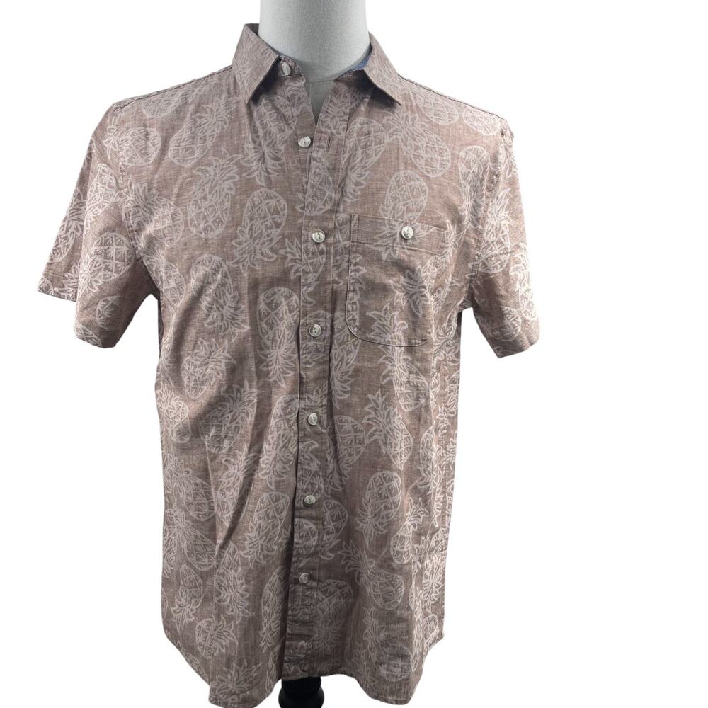 Even Tide Button Up Linen Shirt Men M Brown Beige Pineapple Short Sleeves Beach